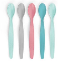 Colorful baby feeding spoons made of soft, flexible silicone material. Ideal for introducing solid foods to infants. Available in pastel shades of mint, gray, and pink.