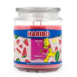  Scented candle with Haribo Melon Mix flavor, 510g. Colorful glass jar with Haribo branding and fruit illustrations.