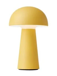 A tall, round, yellow table lamp with a dome-shaped shade.
