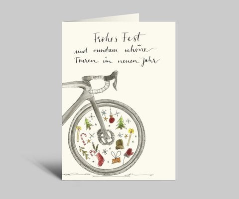Christmas card for racing cyclists | Happy Holidays | Racing bike with Christmas decorations