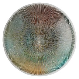 A decorative bowl with a unique radiant design featuring a burst of colors and textures, suitable for use as a centerpiece or accent piece in a modern or minimalist home decor.