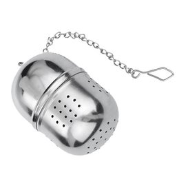  Stainless steel tea infuser with perforated design for steeping loose leaf tea. Compact and portable size with chain for easy handling.