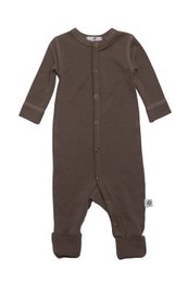  Walnut brown merino wool baby playsuit, long sleeves, button-front, soft knit fabric, newborn essentials.