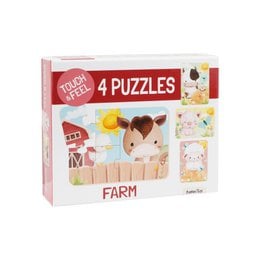 Farm-themed touch and feel puzzles with 4 different puzzle designs featuring farm animals and objects.