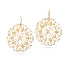 Gilded, shimmering rosette-shaped earrings with an intricate geometric pattern.