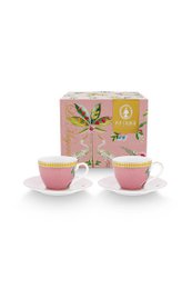Set of 2 pink espresso cups and saucers with colorful striped pattern, 120ml capacity, suitable for serving coffee or tea.