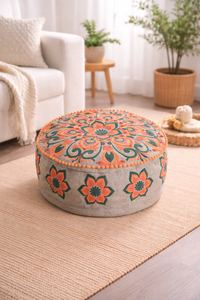 Handcrafted Embroidered Pouf Multicolor Boho Floor Seating Stool