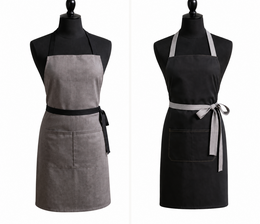  Grey and black aprons with adjustable waist ties, professional chef barista service apron, two-tone design.