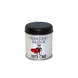 A small tin container with a black lid, labeled "Gewürz Glück" (Spice Luck) in white text. The container appears to contain a seasoning or spice blend.