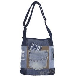 A large, light fabric shoulder bag made from recycled jeans and canvas. The bag has an adjustable handle, zipper closure, and pockets for storage. The bag's materials and design make it a sustainable and practical choice for everyday use.