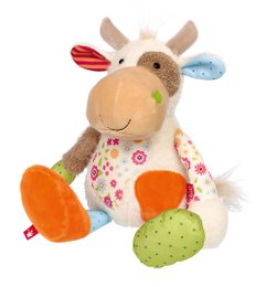 Soft, plush cow-shaped toy with colorful patchwork design and textured accents. Suitable for young children.