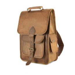 Tan leather backpack with two front pockets and adjustable straps. Durable and stylish design suitable for everyday use or travel.