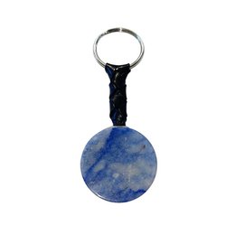  A round, blue quartz disc keyring with a black cord. The quartz disc has a natural, marbled blue color and texture.