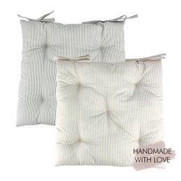 Seat cushion with ties in beige/white and gray/white colors. Handmade with love. Square shape, 40x40cm size, with ties for attachment.