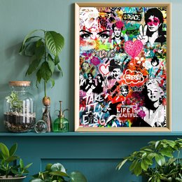 Vibrant, colorful wall art print featuring a collage of pop culture icons and graffiti-style graphics. Suitable for home or office decor.