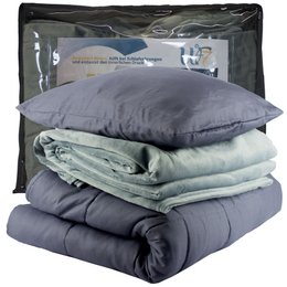A large, gray weighted blanket set with a fleece blanket cover. The set includes a heavy cotton duvet and a free matching decorative cushion cover. The weighted blanket is designed to help against insomnia.