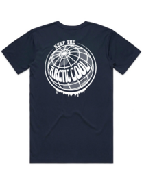 "Navy blue unisex t-shirt with a white graphic design featuring a globe-like shape and the text 'Keep the world cool'."