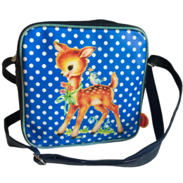  Blue polka dot shoulder bag with retro deer design, adjustable strap, vintage style children's bag.