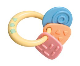 Pastel-colored baby teether and rattle in one. Includes various shapes and textures for sensory stimulation. Suitable for infants and young children.