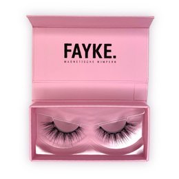 Dramatic false eyelashes in a pink packaging labeled "FAYKE."