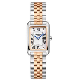 Rectangular metal watch with mother-of-pearl dial and two-tone metal bracelet. Available in gold, silver, and rose gold variants.