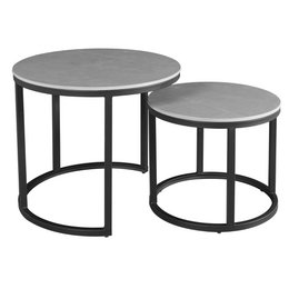  Set of 2 round coffee tables with gray concrete tops and black metal frames. Minimalist, modern design suitable for living rooms.