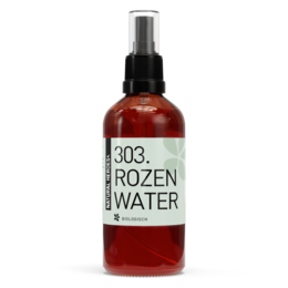 Organic rose water hydrosol in 100 ml, 300 ml, 1000 ml, 2500 ml, 5000 ml, and 10000 ml sizes. The rose water has a light, floral scent and is suitable for use as a toner.