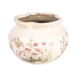  A round, white ceramic planter with a floral pattern featuring pink, purple, and green flowers and leaves. The planter has a diameter of approximately 20 cm and a height of 14 cm.