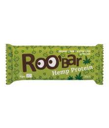 Organic hemp protein bar, green packaging with leaf design, 30g serving size.
