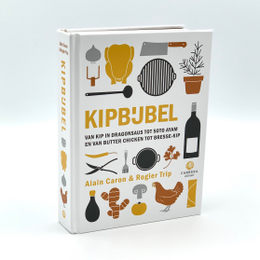 "Cookbook featuring a collection of chicken recipes and cooking tools. Includes images of various kitchen utensils and ingredients."