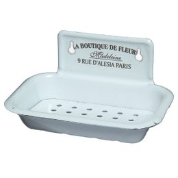 Rectangular enamel soap dish in white color with text "La Boutique de Fleurs" printed on it. Suitable for decorative use in bathrooms or kitchens.