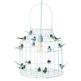 A hanging lamp with a birdcage-inspired design in a light blue color, suitable for a baby's room or nursery. The lamp features multiple bulb sockets and a wire frame structure that resembles a birdcage, creating a whimsical and playful lighting fixture for a child's space.