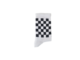 White socks with a black and white checkered pattern, suitable for kids.