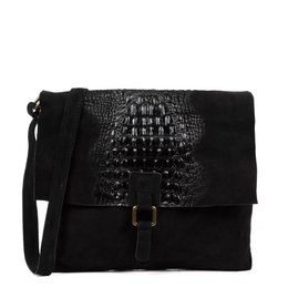  Black leather shoulder bag with crocodile embossed pattern, foldover design, and adjustable strap.