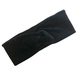 Navy blue ribbed ear muffs with adjustable size options.