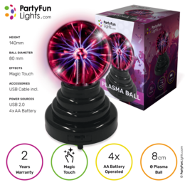Colorful plasma ball with USB and battery operation, ideal for party lighting and decoration.