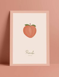  A poster featuring a simple, minimalist illustration of a peach. The poster has a clean, modern design with the word "Peach" written below the image.
