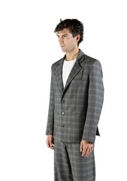  Grey wool blazer with check pattern, slim-fit, made in Italy