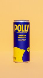  Citrus-flavored non-alcoholic beverage in a blue and yellow can, served in a glass with ice and lemon slice.