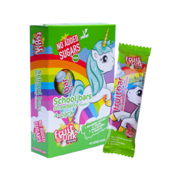 Unicorn-themed fruit bars in a 4-pack, made with no added sugars. Colorful packaging features a unicorn illustration.