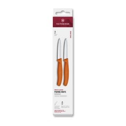Two-piece orange-handled paring knives, 8cm long, suitable for chopping and slicing tasks in the kitchen.