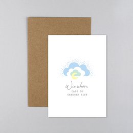 A pastel-colored greeting card with a cloud and sun illustration and the text "A beautiful cloud to welcome you" in a handwritten style font.