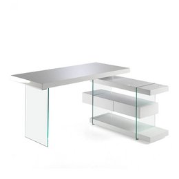 A modern white wooden desk with tempered glass shelves, providing a stylish and functional workspace.