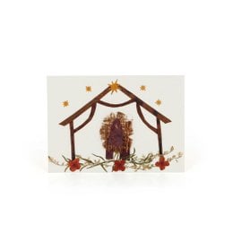 A mini greeting card featuring a nativity scene with wildflowers. The card has a wooden frame with a nativity scene in the center, surrounded by wildflowers and stars.