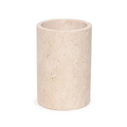 Cylindrical travertine vase or wine cooler, approximately 12 cm in diameter and 18 cm in height, suitable for holding wine bottles or decorative items.