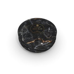 Deep blue scented candle, 470g, made of wax with a marble-like black and gold pattern.