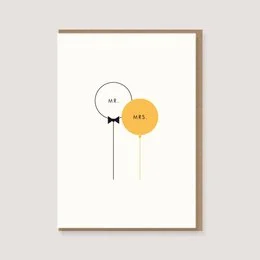 Folded wedding card with envelope featuring two balloons in black and orange colors, representing the bride and groom. The card is suitable for wedding celebrations.
