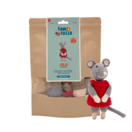  Crochet kit for a red mouse figure, includes yarn, crochet hook, and instructions. The kit is part of the Eco Dolls collection, featuring a cute and whimsical mouse design.