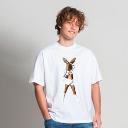  A white t-shirt with a printed collage design featuring a woman holding a red rose. The t-shirt is suitable for men and available in sizes M and L.