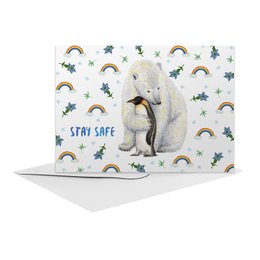 A hand-painted greeting card featuring a polar bear and penguin with the message "Stay safe" against a backdrop of rainbows and stars. The card is A6 size and part of the Friendship Cards category.